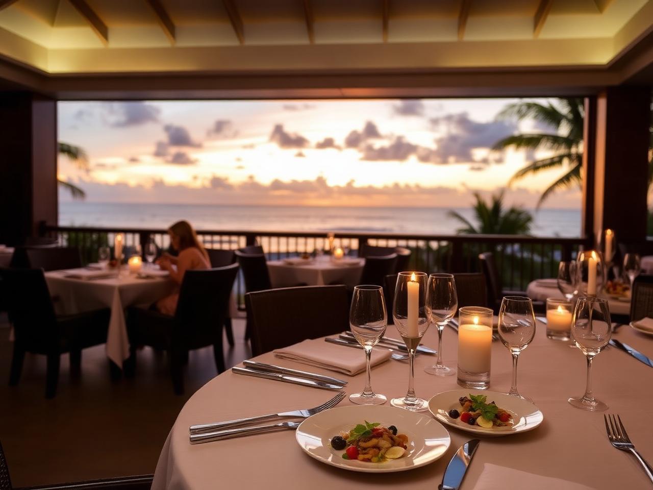 Fine dining table at sunset with ocean view